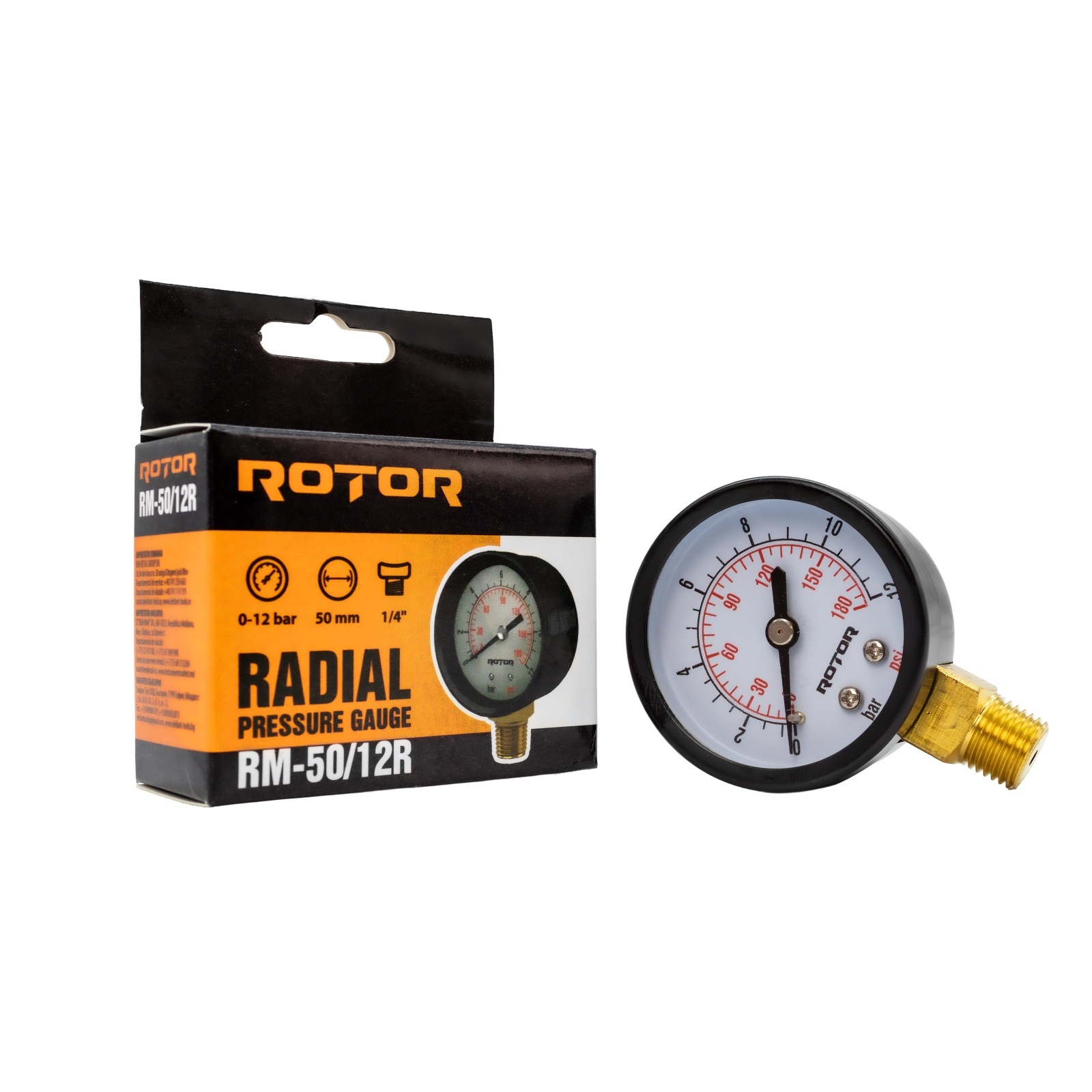 Consumabile, piese și accesorii - RM-50/12R, Manometru radial apa 0-12 bar, 50 mm, conexiune 1/4", ROTOR