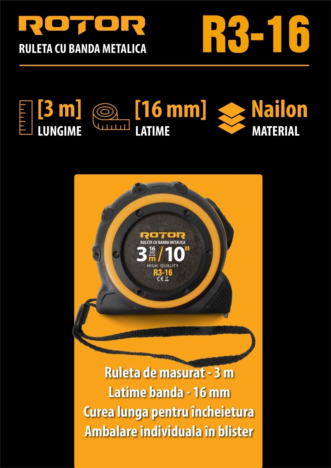 Ruleta 3m x 16mm ROTOR R3-16, Curea de mana, Auto-blocare [7]