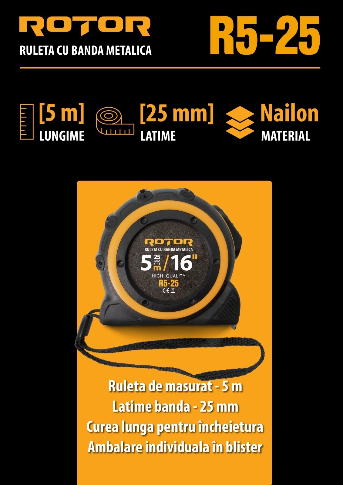 Ruleta 5m x 25mm ROTOR R5-25, Curea de mana, Auto-blocare [7]