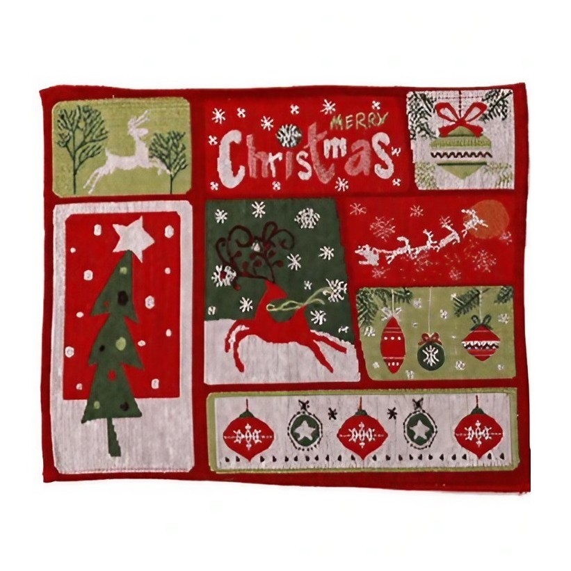 Servet de Masa, Flippy, Model Ren, Brad si Globulete, Scris Merry Christmas, Tematica Craciun, Prosop pentru Masa, 47x33 cm, Bumbac si Fibre Sintetice, Rosu [1]