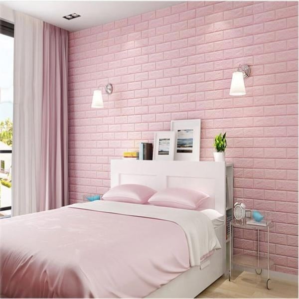 Set 10 Placi Tapet 3D, Flippy, 70 x 77 cm, Grosime 3 mm, din Polietilena, Model Caramida, Suprafata acoperita 5.3 mp, Roz [1]