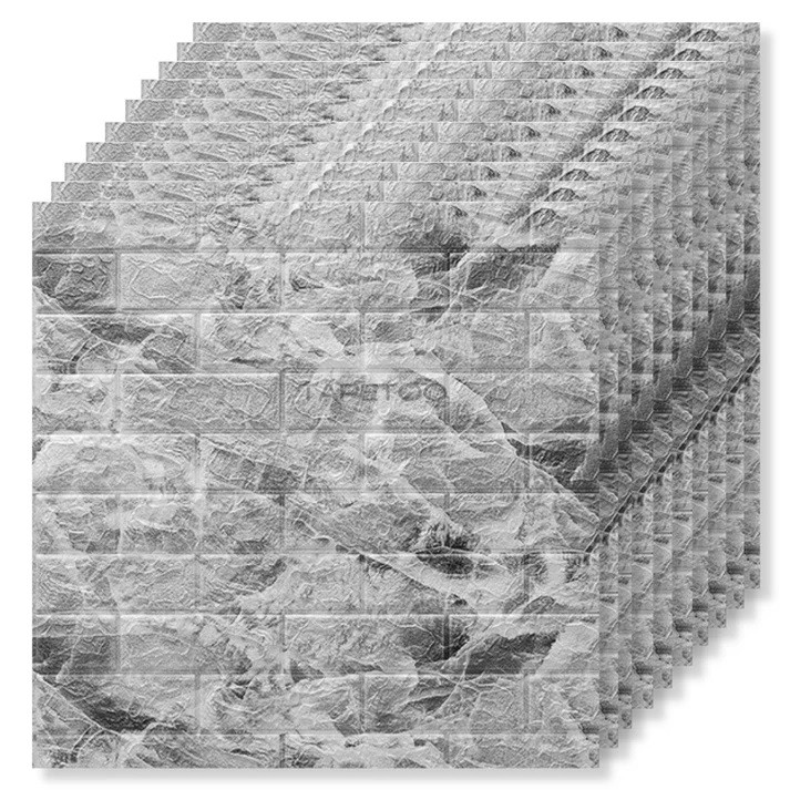 Set 10 Placi Tapet 3D, Flippy, 70 x 77 cm, Grosime 3 mm, din Polietilena, Model Caramida, Suprafata acoperita 5.3 mp, Marmura Gri [1]