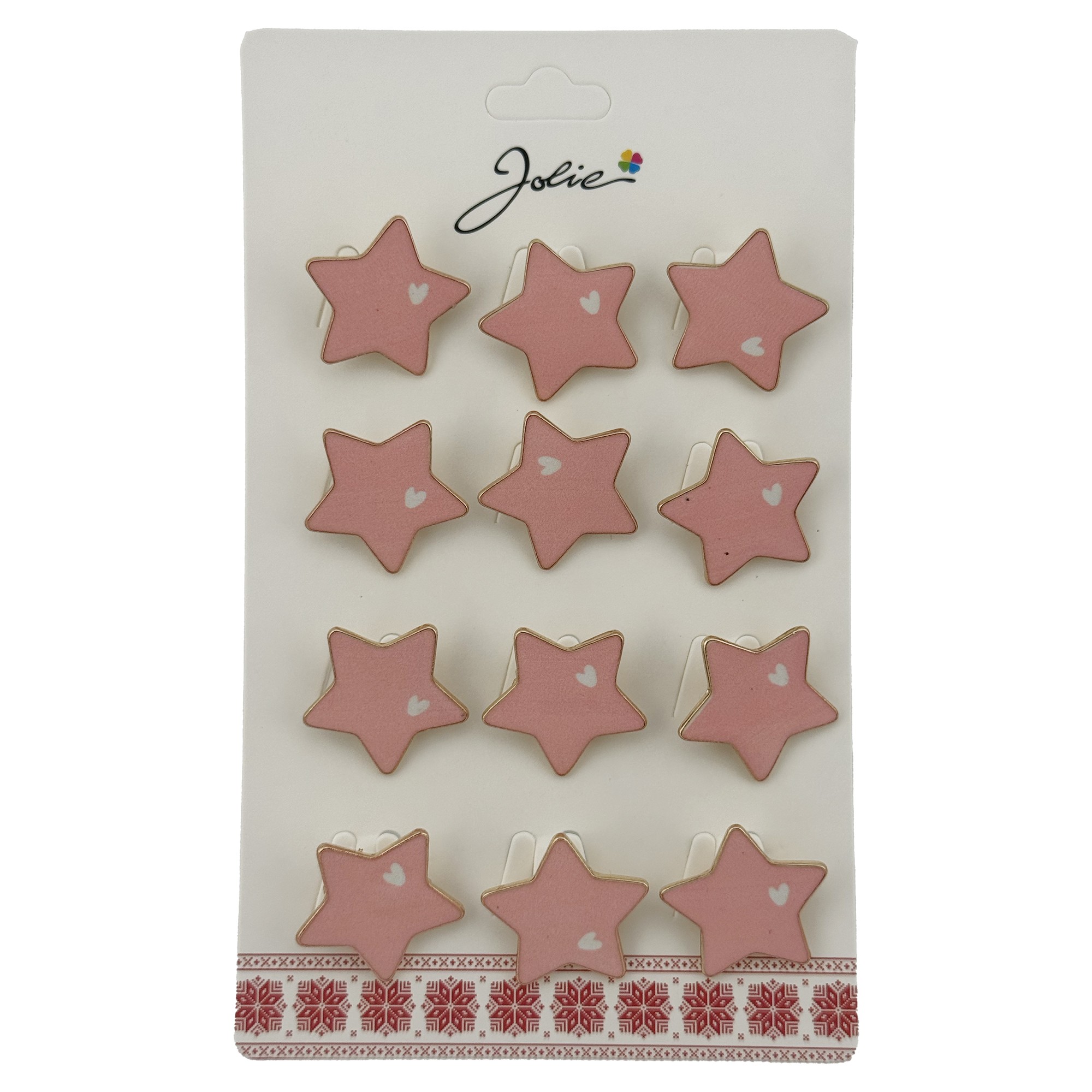 Seturi Brose - Set 12 Brose Martisor Stea cu Inima Copii, Jolie, Brose din Metal, Aspect Lacuit, 2 x 2 cm per Unitate, Roz