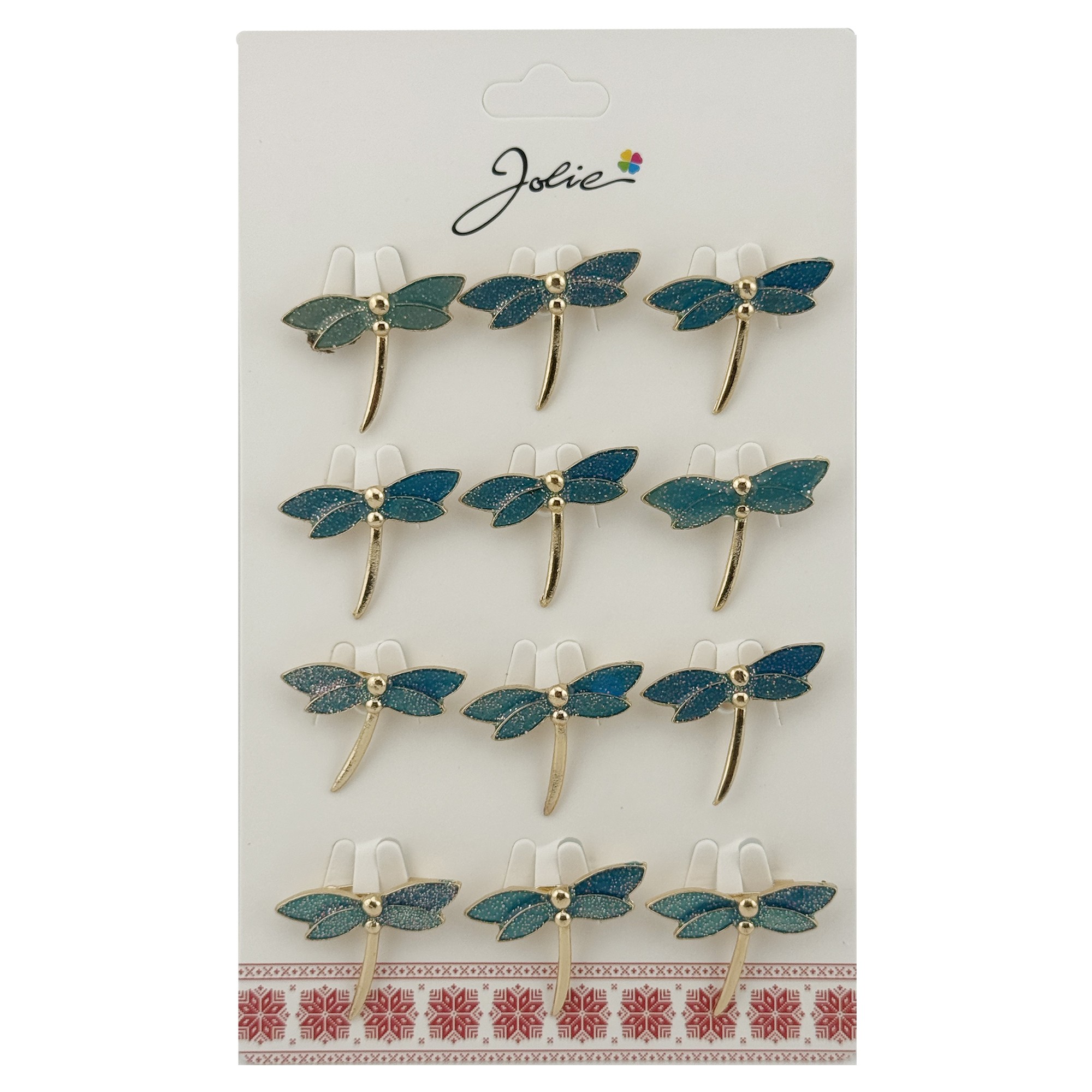 Seturi Brose - Set 12 Brose Martisor Traditional, Jolie, Model Libelula, Brose din Metal, Aspect Lacuit, 2,5 x 2,5 cm per Unitate, Verde