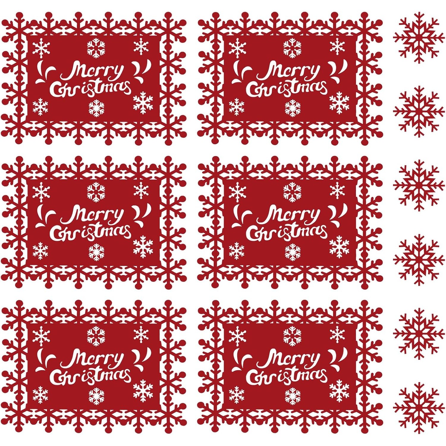 Casă și camping - Set 12 Servete pentru Masa si Suporturi de Pahare/Tacamuri, Flippy, Scris Merry Christmas, 6 Servete 25x35 cm, 6 Suporturi de 10x10 cm, Rosu