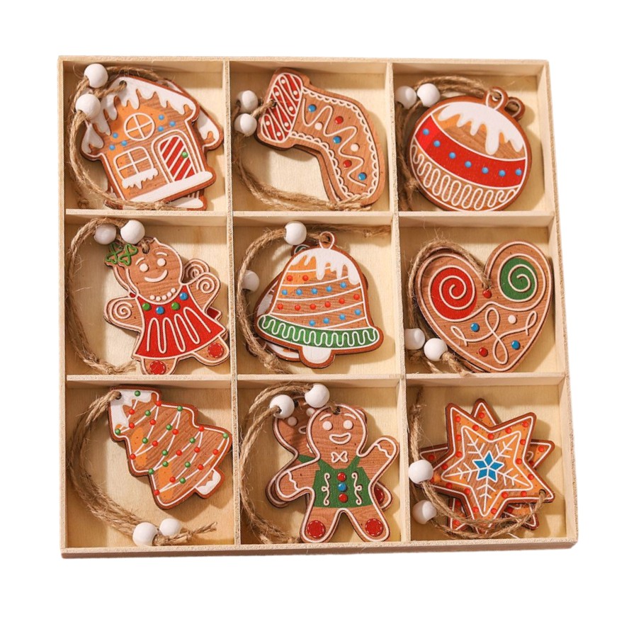 Casă și camping - Set 18 Decoratiuni de Craciun din Lemn, Flippy, cu Snur pentru Agatare in Brad, Modele Diverse , Diferite Dimensiuni, Multicolor