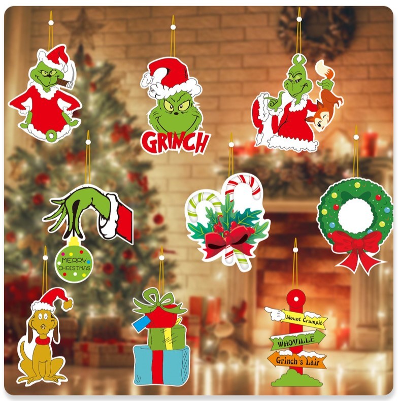 Set 18 Decoratiuni de Craciun din Lemn, Flippy, cu Snur pentru Agatare in Brad, Model Grinch, Diferite Dimensiuni, Multicolor [2]
