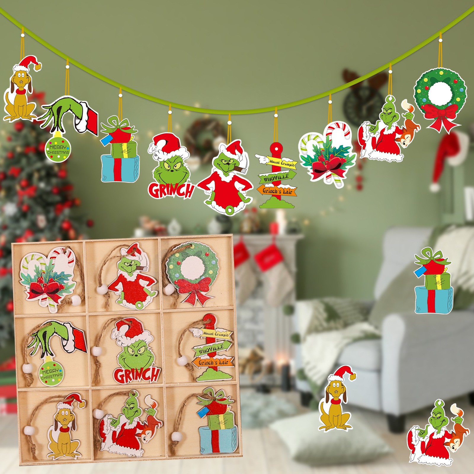 Set 18 Decoratiuni de Craciun din Lemn, Flippy, cu Snur pentru Agatare in Brad, Model Grinch, Diferite Dimensiuni, Multicolor [5]
