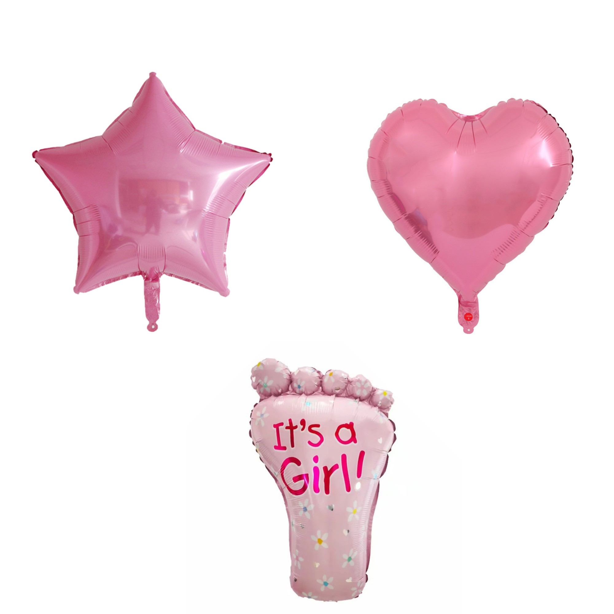 Cadouri și petreceri - Set 3 Baloane din Folie Metalizata, Flippy, Figurine Picior 46x79 cm, Inima 45 cm, Stea 45cm, Model It's a Girl, Tema Gender Reveal, Ambalaj Individual, Pai Inclus, Umflare cu Aer sau Heliu, Roz