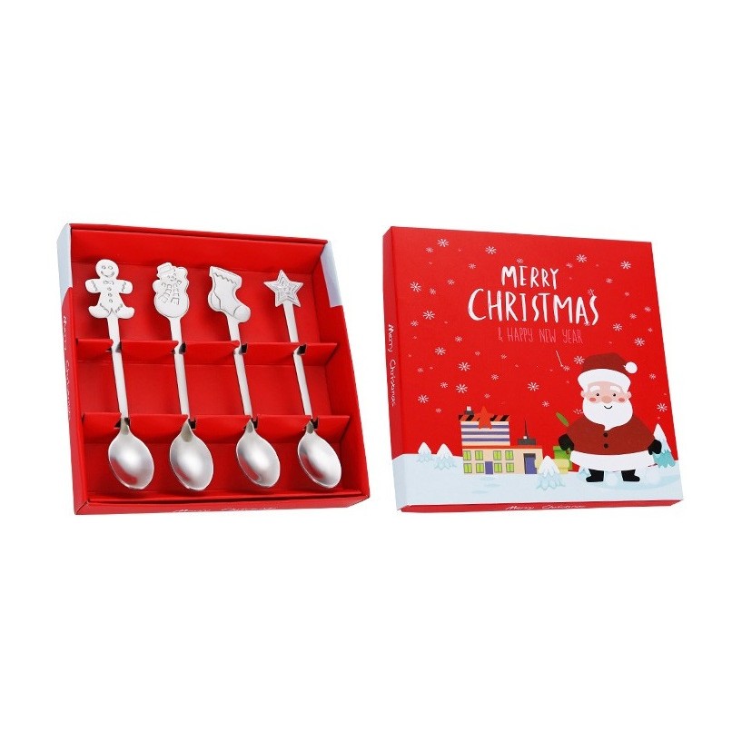 Casă și camping - Set 4 Lingurite, Flippy, Tema Craciun, din Otel Inoxidabil, 4 Modele Festive, Cutie Cadou, 14 x 14 x 2.5 cm, Argintiu