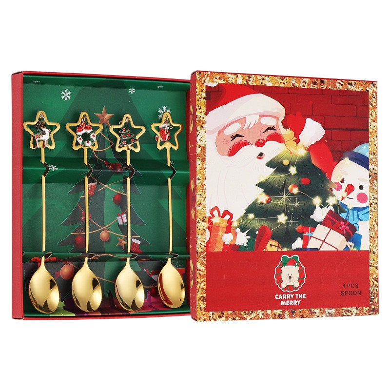 Casă și camping - Set 4 Lingurite, Flippy, Tema Craciun, Model Carry The Merry, 4 Modele Tip Pandantiv cu Steluta, din Otel Inoxidabil, 19 x 16 x 2 cm, Multicolor