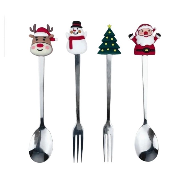 Casă și camping - Set 4 Tacamuri, Flippy, cu Figurine de Craciun, din Otel Inoxidabil, 2 Furculite, 2 Linguri, Cutie Festiva, 13.5 cm, Rosu