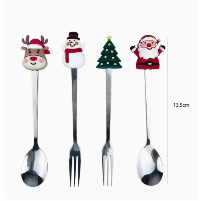 Set 4 Tacamuri, Flippy, cu Figurine de Craciun, din Otel Inoxidabil, 2 Furculite, 2 Linguri, Cutie Festiva, 13.5 cm, Rosu [2]