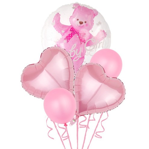 Cadouri și petreceri - Set Baloane Aniversare, Flippy, set din 5 bucati, 1 bucata urs, 2 inimi folie, 2 simple din latex Baby Girl, 60 cm Roz