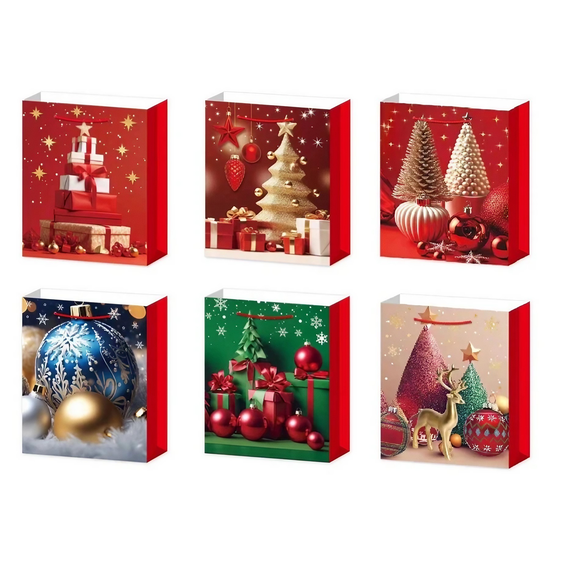 Casă și camping - Set 6 Pungi Cadou, Flippy, Imprimeu Tematica Brad de Craciun, Model Random, din Hartie, Impachetare Usoara a Cadourilor, 18.5x22.5x8.5 cm, Multicolor