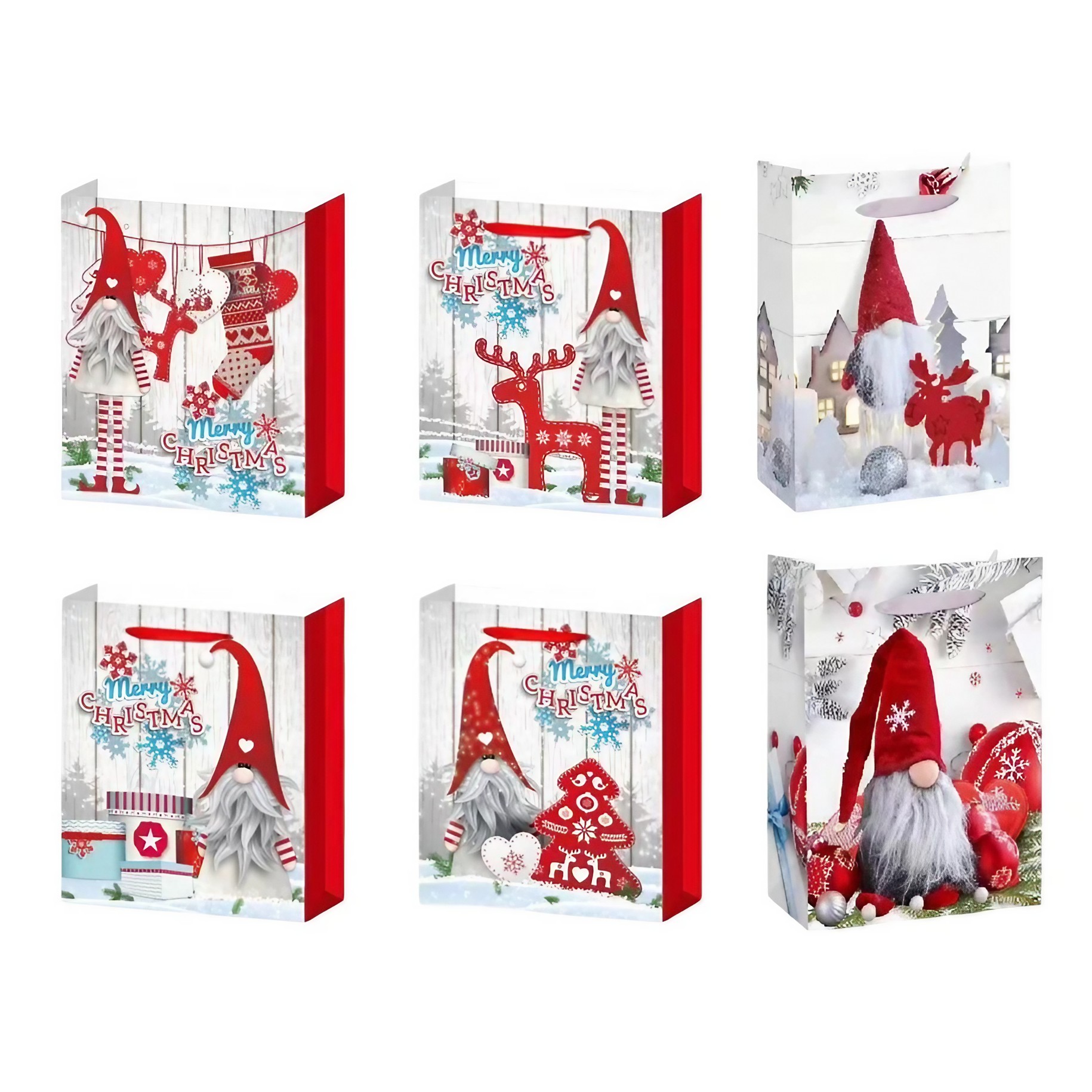 Casă și camping - Set 6 Pungi Cadou, Flippy, Imprimeu Tematica Gnomi, Model Random, din Hartie, Impachetare Usoara a Cadourilor, 18.5x22.5x8.5 cm, Multicolor