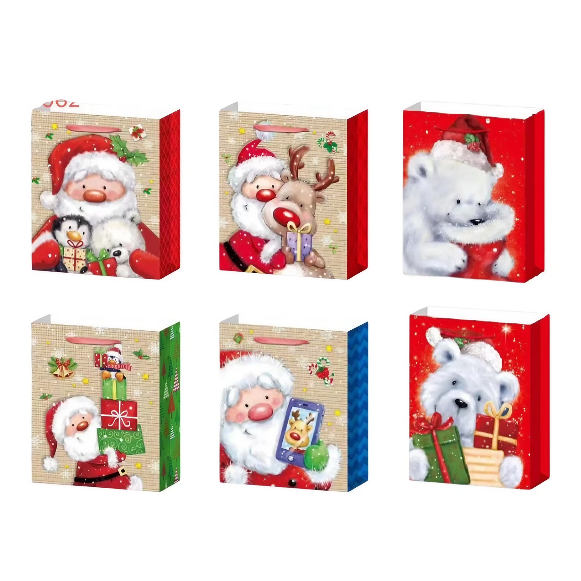 Casă și camping - Set 6 Pungi Cadou, Flippy, Imprimeu Tematica Mos Craciun si Ursuleti, Model Random, din Hartie, Impachetare Usoara a Cadourilor, 18.5x22.5x8.5 cm, Multicolor