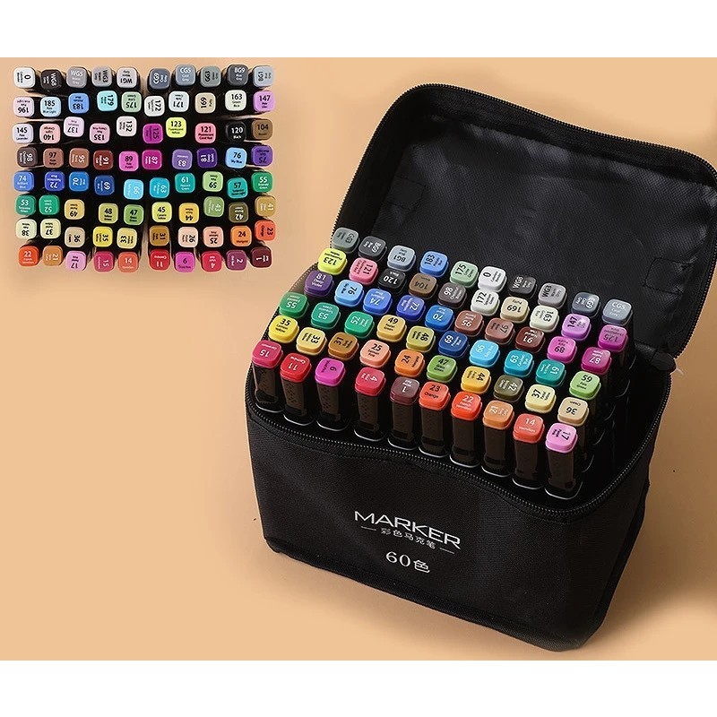 Set 60 Markere, Flippy, pe Baza de Alcool, Dublu Capat, Subtire 1mm si Gros 6 mm, Geanta Depozitare, 15 cm, Multicolor [1]