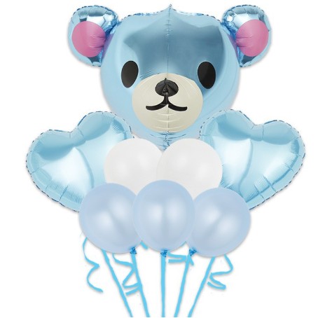 Cadouri și petreceri - Set Baloane Aniversare, Flippy, set din 8 bucati, 1 bucata urs mare, 2 inimi folie, 5 simple din latex Baby Boy, 60 cm Albastru