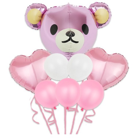 Cadouri și petreceri - Set Baloane Aniversare, Flippy, set din 8 bucati, 1 bucata urs mare, 2 inimi folie,5 simple din latex Baby Girl, 60 cm Roz