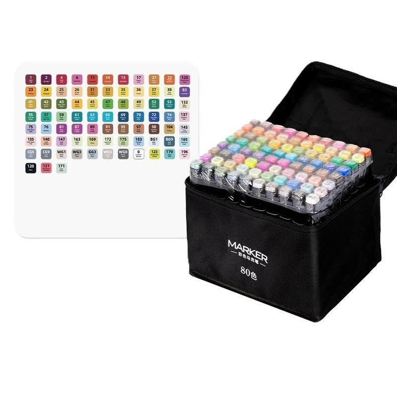 Jucării, copii și bebe - Set 80 Markere, Flippy, pe Baza de Alcool, Dublu Capat, Subtire 1mm si Gros 6 mm, Geanta Depozitare, 15 cm, Multicolor