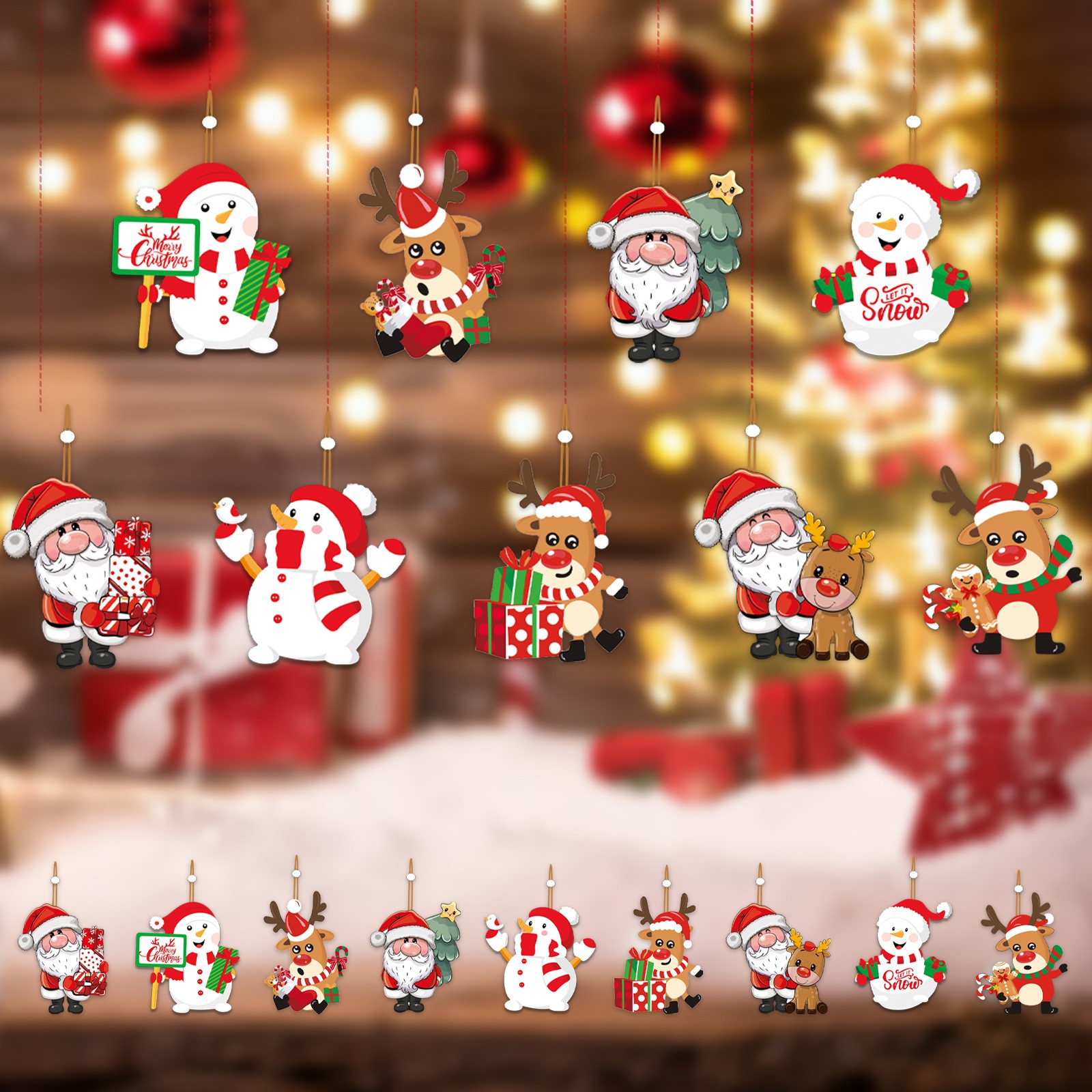 Set 9 Decoratiuni de Craciun din Lemn, Flippy, cu Snur pentru Agatare in Brad, 3 Modele, Model Mos Craciun cu Brad, Ren si Cadouri, Diferite Dimensiuni, Multicolor [8]