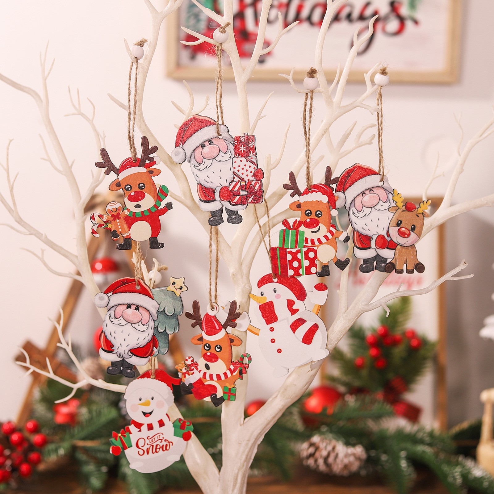 Set 9 Decoratiuni de Craciun din Lemn, Flippy, cu Snur pentru Agatare in Brad, 3 Modele, Model Mos Craciun cu Brad, Ren si Cadouri, Diferite Dimensiuni, Multicolor [7]