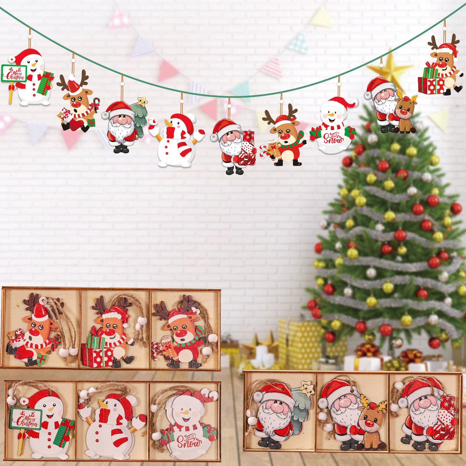 Set 9 Decoratiuni de Craciun din Lemn, Flippy, cu Snur pentru Agatare in Brad, 3 Modele, Model Mos Craciun cu Brad, Ren si Cadouri, Diferite Dimensiuni, Multicolor [9]