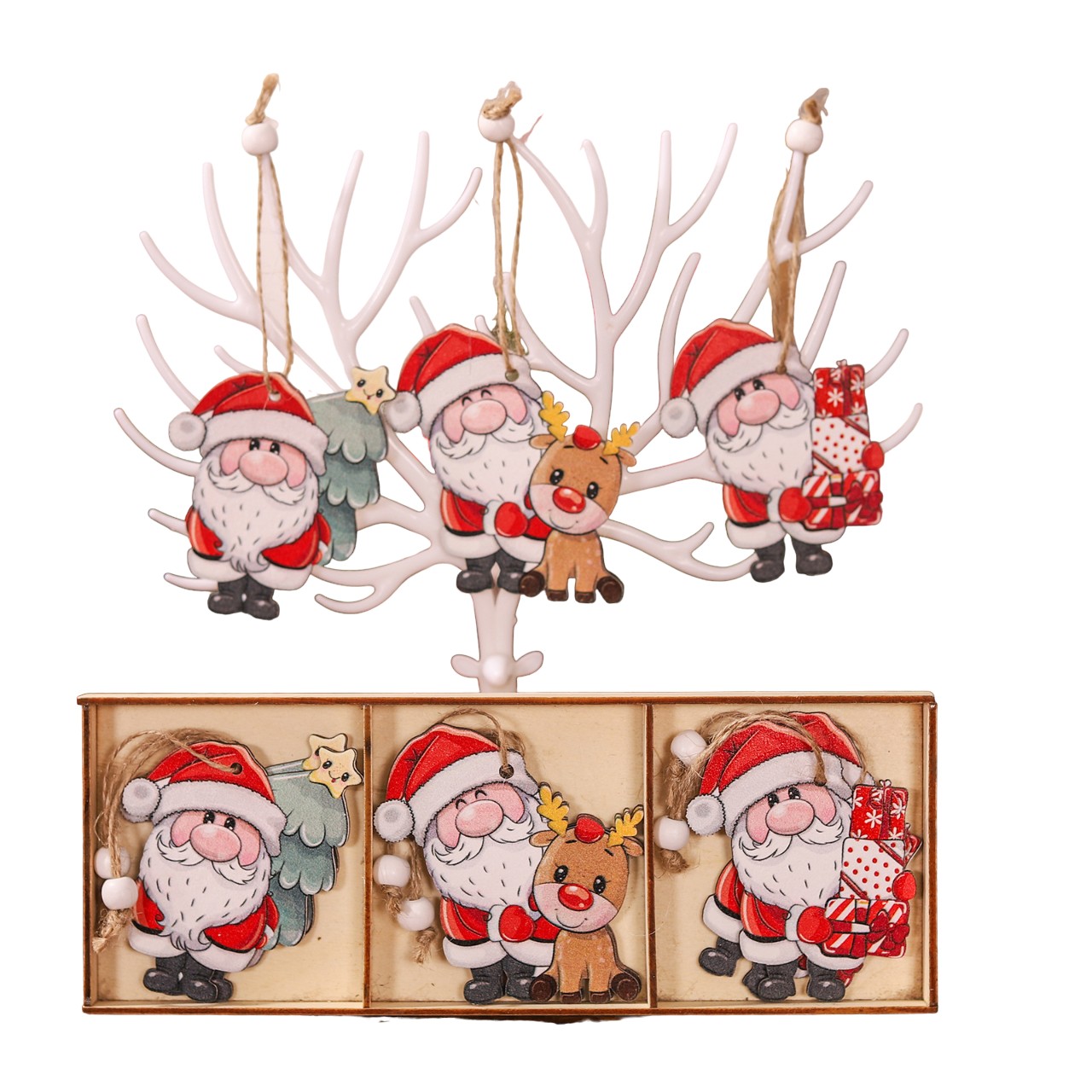 Casă și camping - Set 9 Decoratiuni de Craciun din Lemn, Flippy, cu Snur pentru Agatare in Brad, 3 Modele, Model Mos Craciun cu Brad, Ren si Cadouri, Diferite Dimensiuni, Multicolor