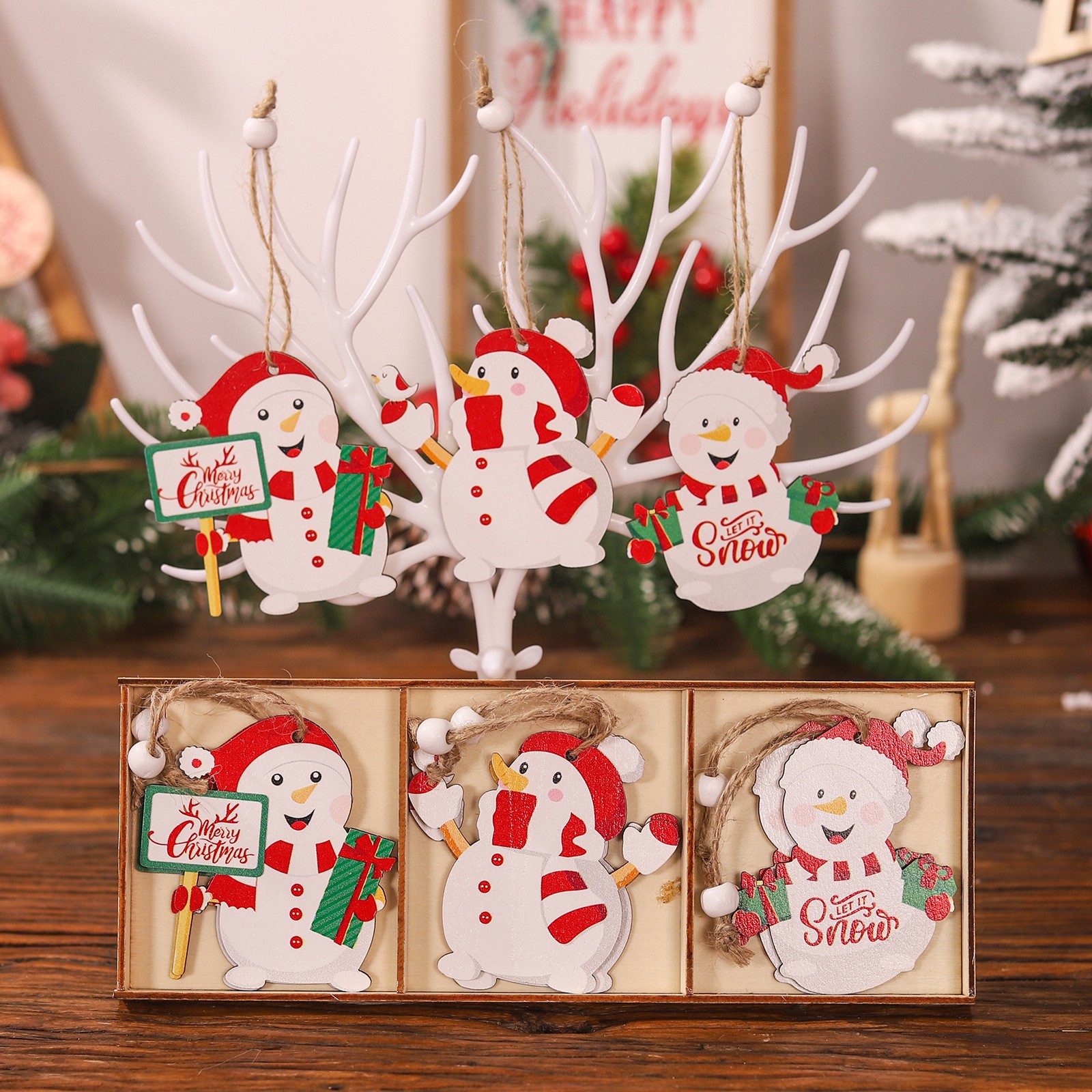 Set 9 Decoratiuni de Craciun din Lemn, Flippy, cu Snur pentru Agatare in Brad, Model Oameni de Zapada, 3 Modele, Diferite Dimensiuni, Multicolor [5]