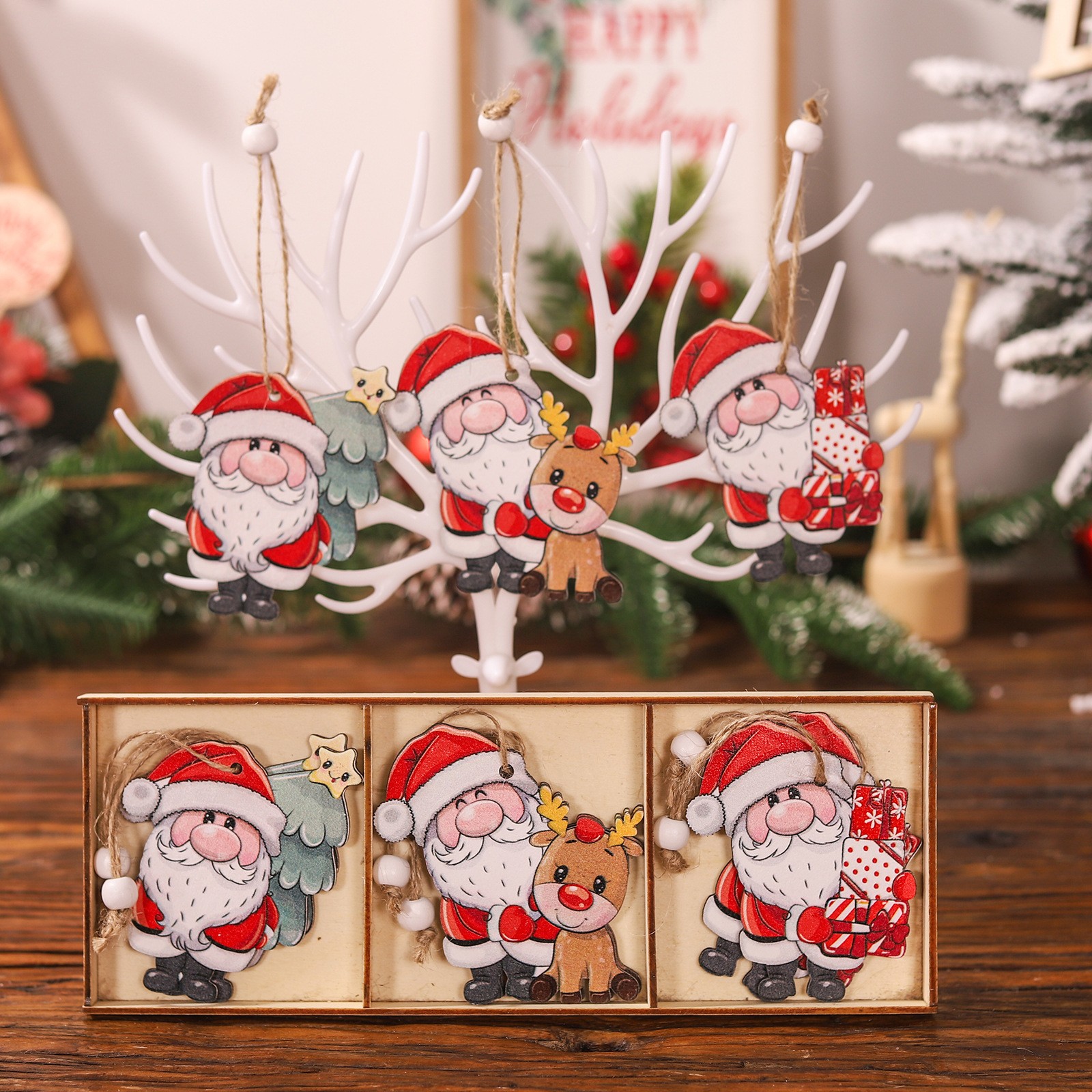 Set 9 Decoratiuni de Craciun din Lemn, Flippy, cu Snur pentru Agatare in Brad, 3 Modele, Model Mos Craciun cu Brad, Ren si Cadouri, Diferite Dimensiuni, Multicolor [5]