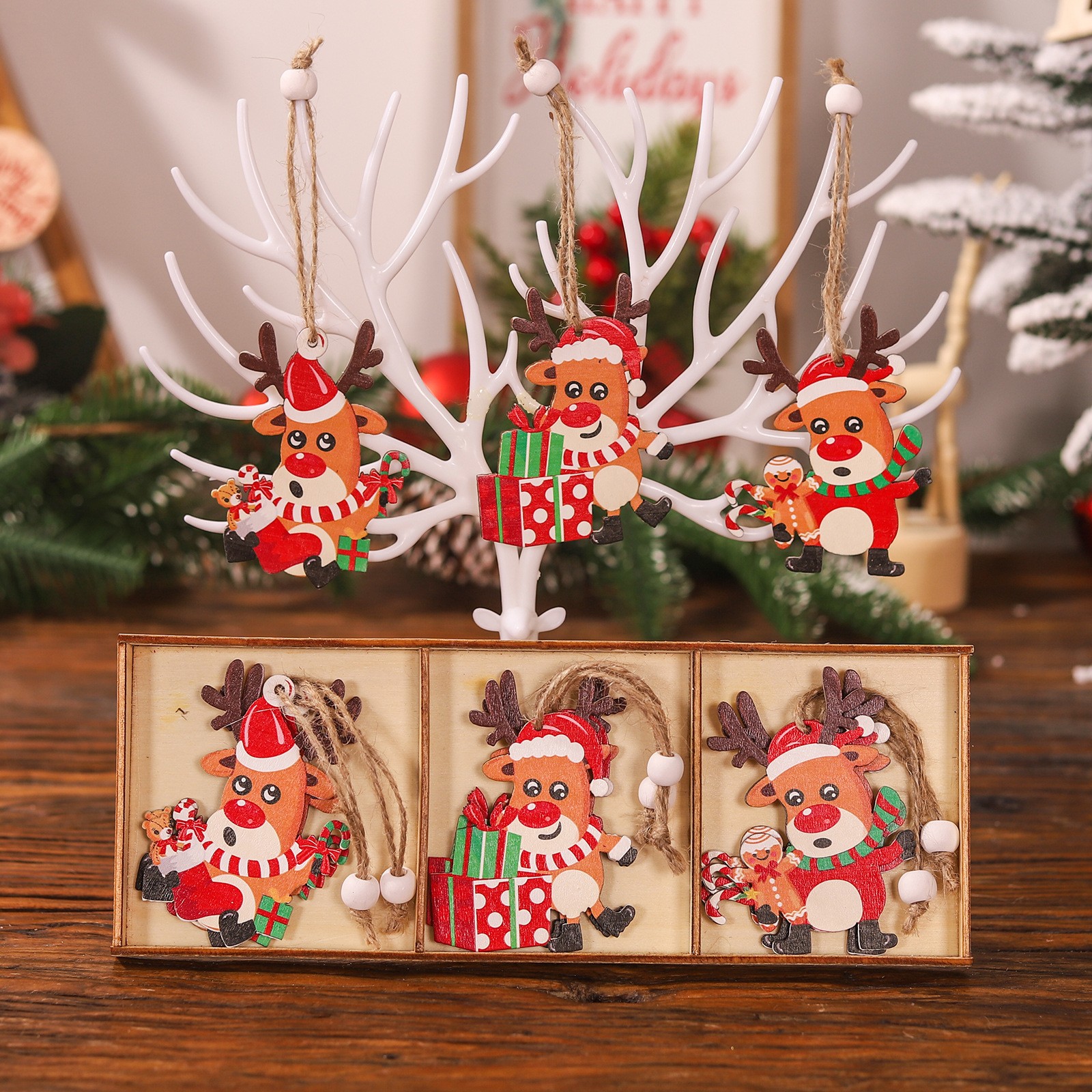 Set 9 Decoratiuni de Craciun din Lemn, Flippy, cu Snur pentru Agatare in Brad, Model Reni, 3 Modele, Diferite Dimensiuni, Multicolor [5]