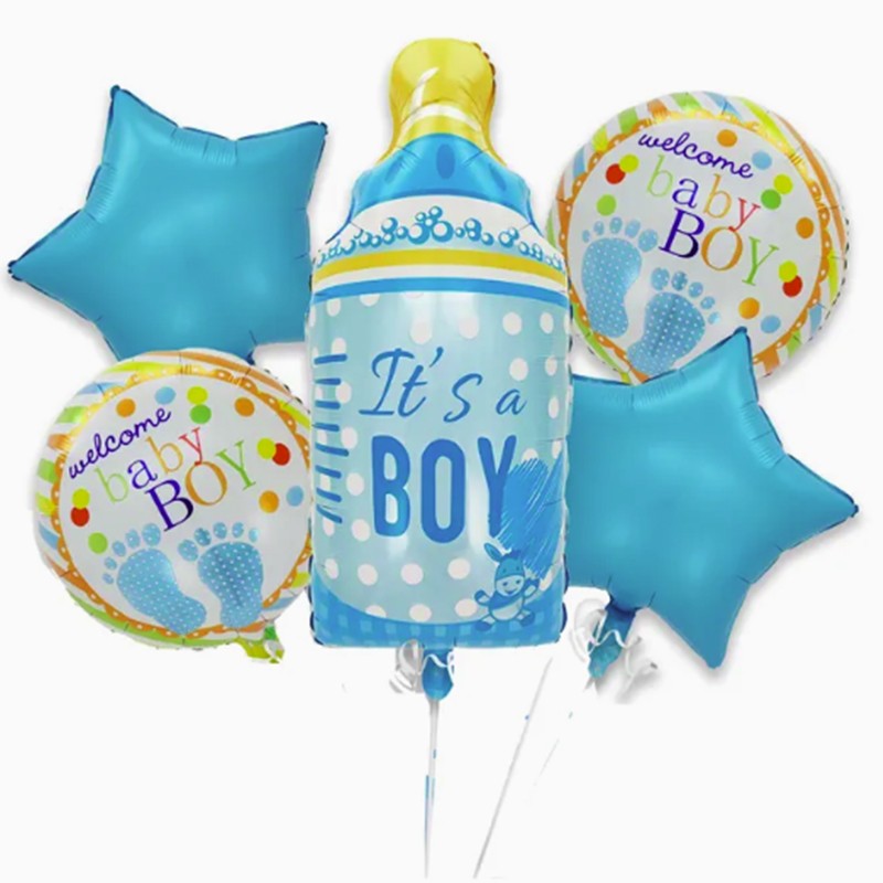 Cadouri și petreceri - Baloane decorative GENDER REVEAL PARTY, Flippy, Figurina Sticluta, Model IT'S A BOY, Set din 5 baloane, 40 x 77 cm, pentru Botez, Albastru