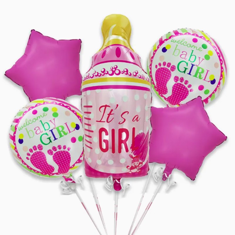 Cadouri și petreceri - Baloane decorative GENDER REVEAL PARTY, Flippy, Figurina Sticluta, Model IT'S A GIRL, Set din 5 baloane, 40 x 77 cm, pentru Botez, Roz