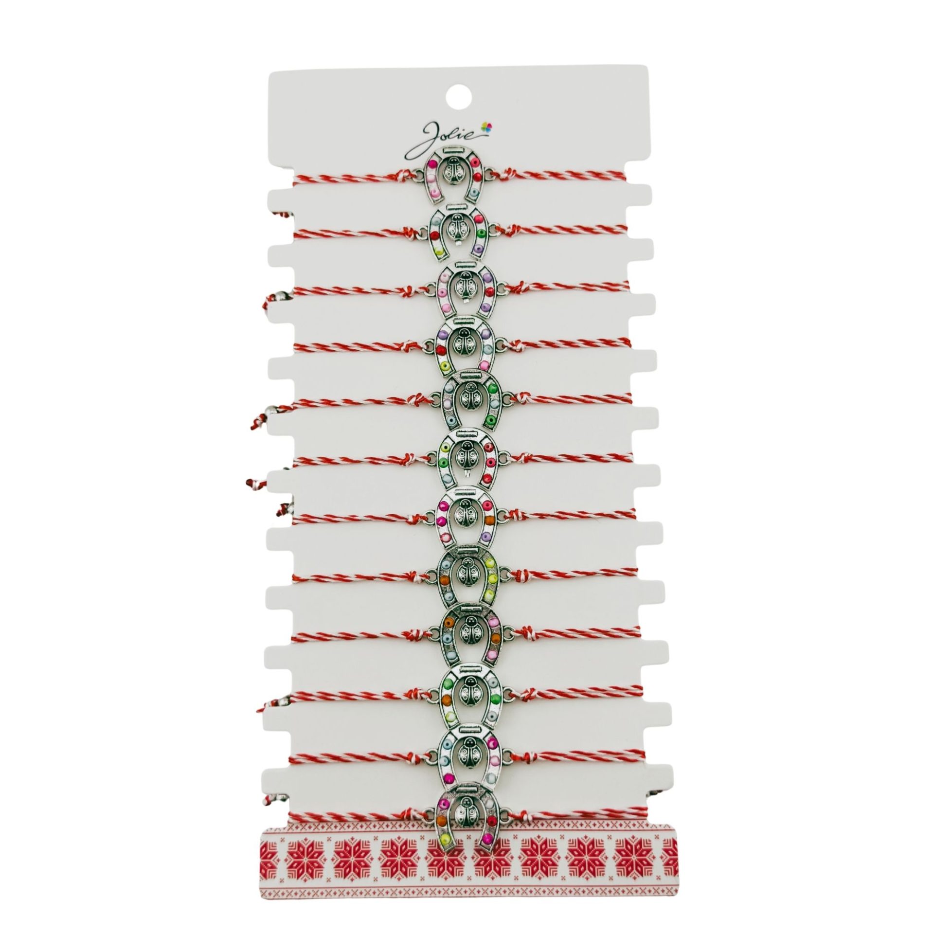 Martisoare diverse - Bratara Martisor pentru Dama, Jolie, Model Potcoava, Set 12 bucati, Pandativ Argintiu din Inox cu Snur Alb-Rosu Ajustabil