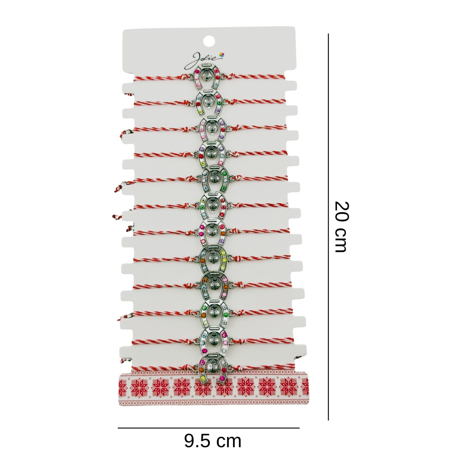 Bratara Martisor pentru Dama, Jolie, Model Potcoava, Set 12 bucati, Pandativ Argintiu din Inox cu Snur Alb-Rosu Ajustabil [1]