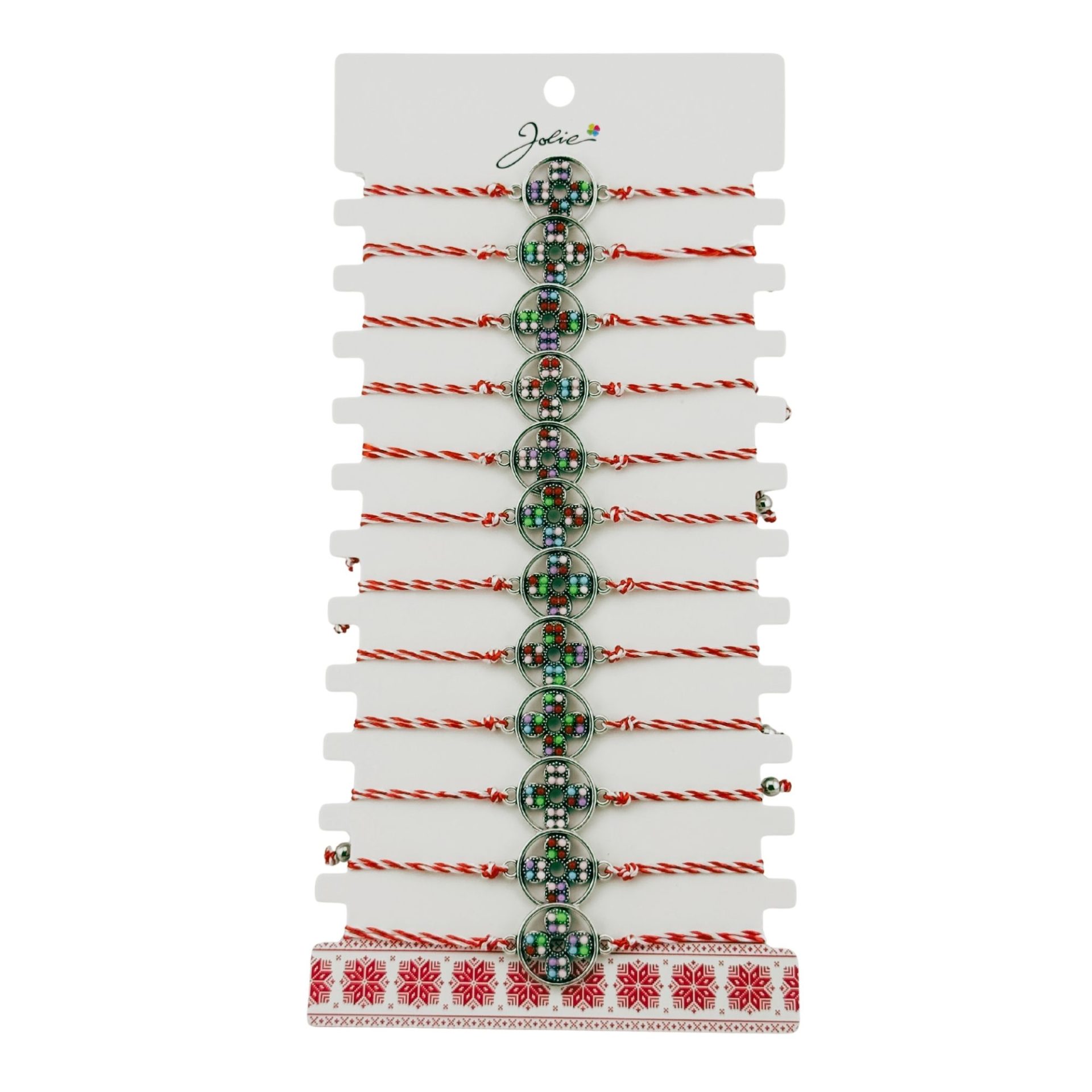 Martisoare diverse - Bratara Martisor pentru Dama, Jolie, Model Floare, Set 12 bucati, Pandativ Argintiu din Inox cu Snur Alb-Rosu Ajustabil