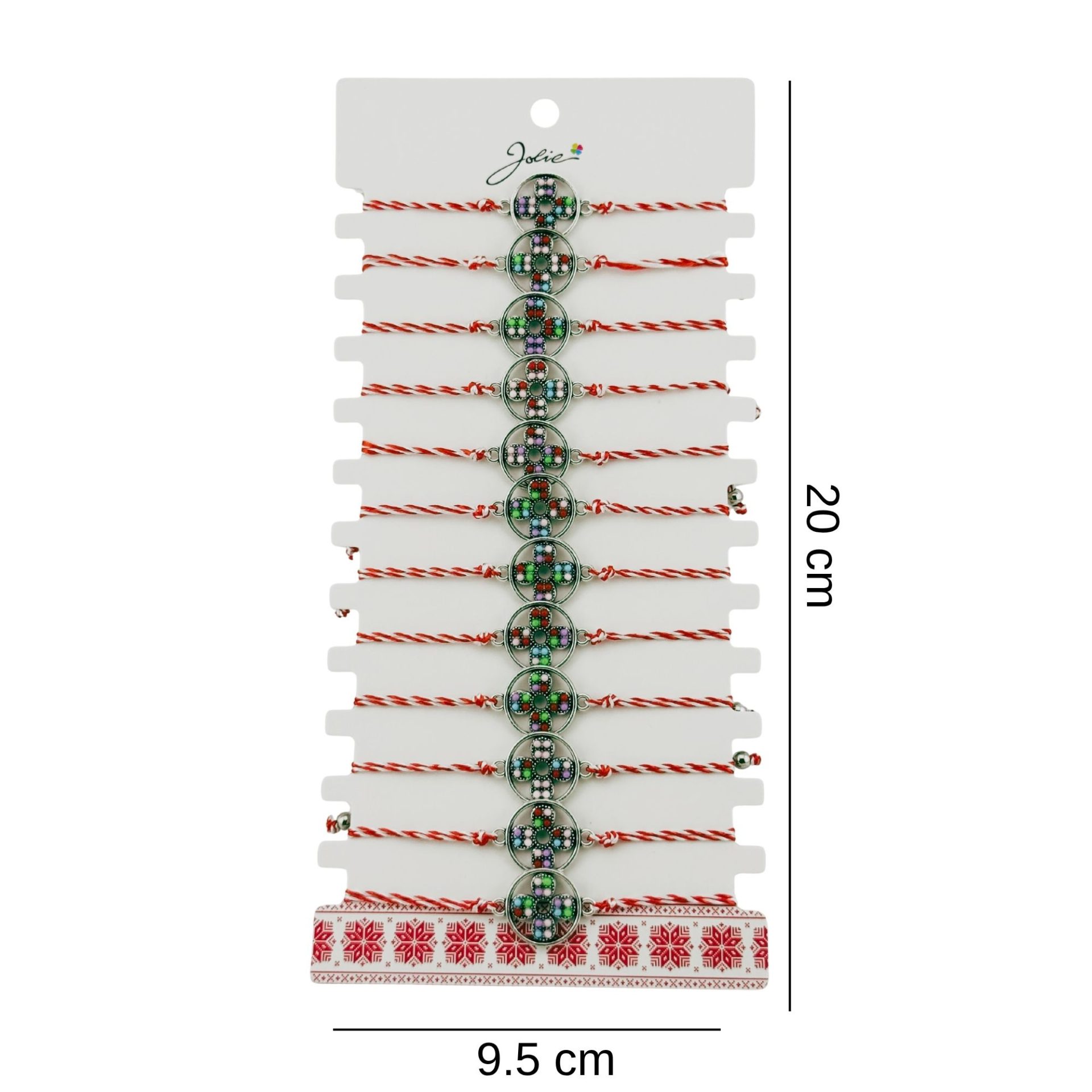 Bratara Martisor pentru Dama, Jolie, Model Floare, Set 12 bucati, Pandativ Argintiu din Inox cu Snur Alb-Rosu Ajustabil [1]