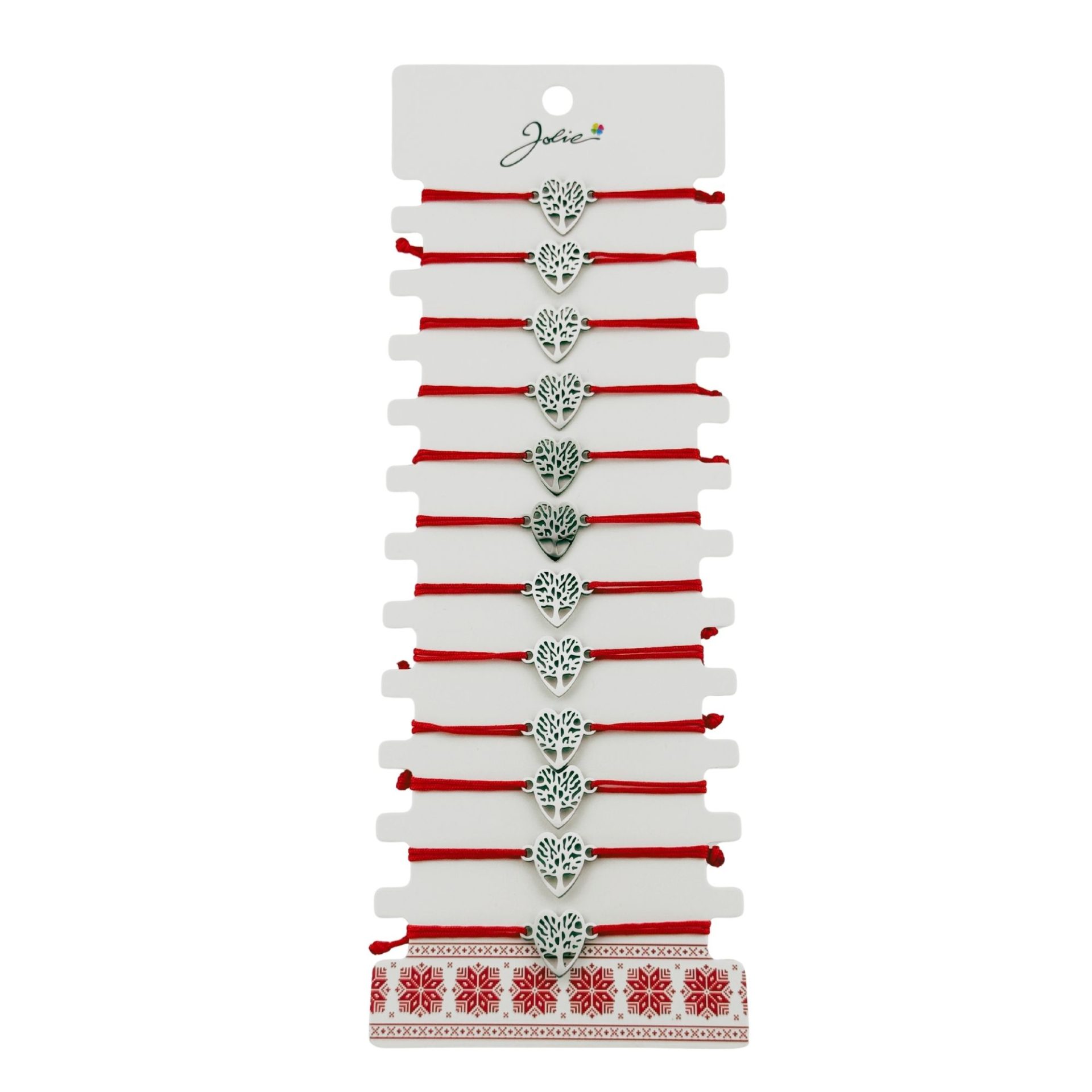 Martisoare diverse - Bratara Martisor pentru Dama, Jolie, Model Copac in Inima, Set 12 bucati, Pandativ Argintiu din Inox cu Snur Rosu Ajustabil