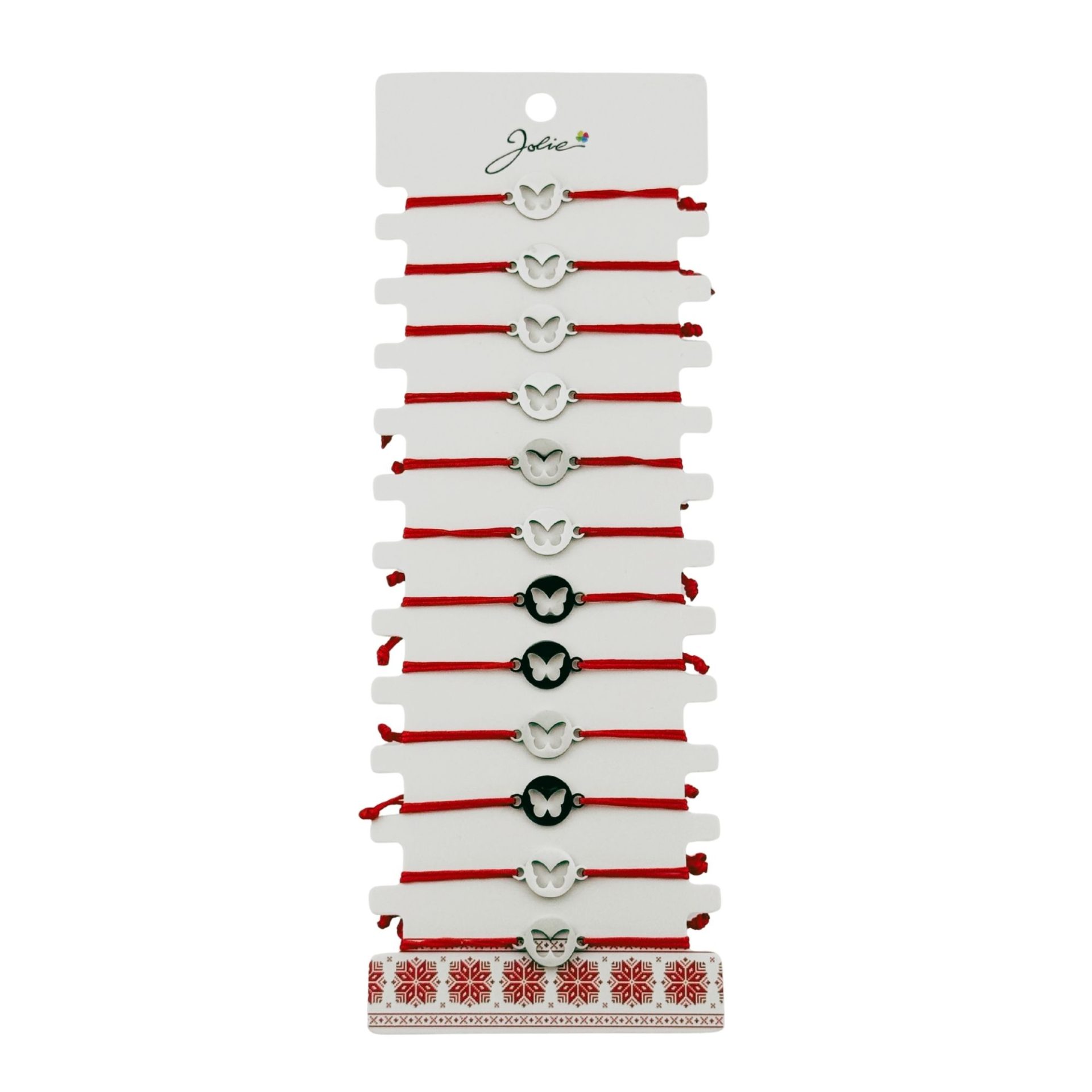 Martisoare diverse - Bratara Martisor pentru Dama, Jolie, Model Fluture in Cerc, Set 12 bucati, Pandativ Argintiu din Inox cu Snur Rosu Ajustabil