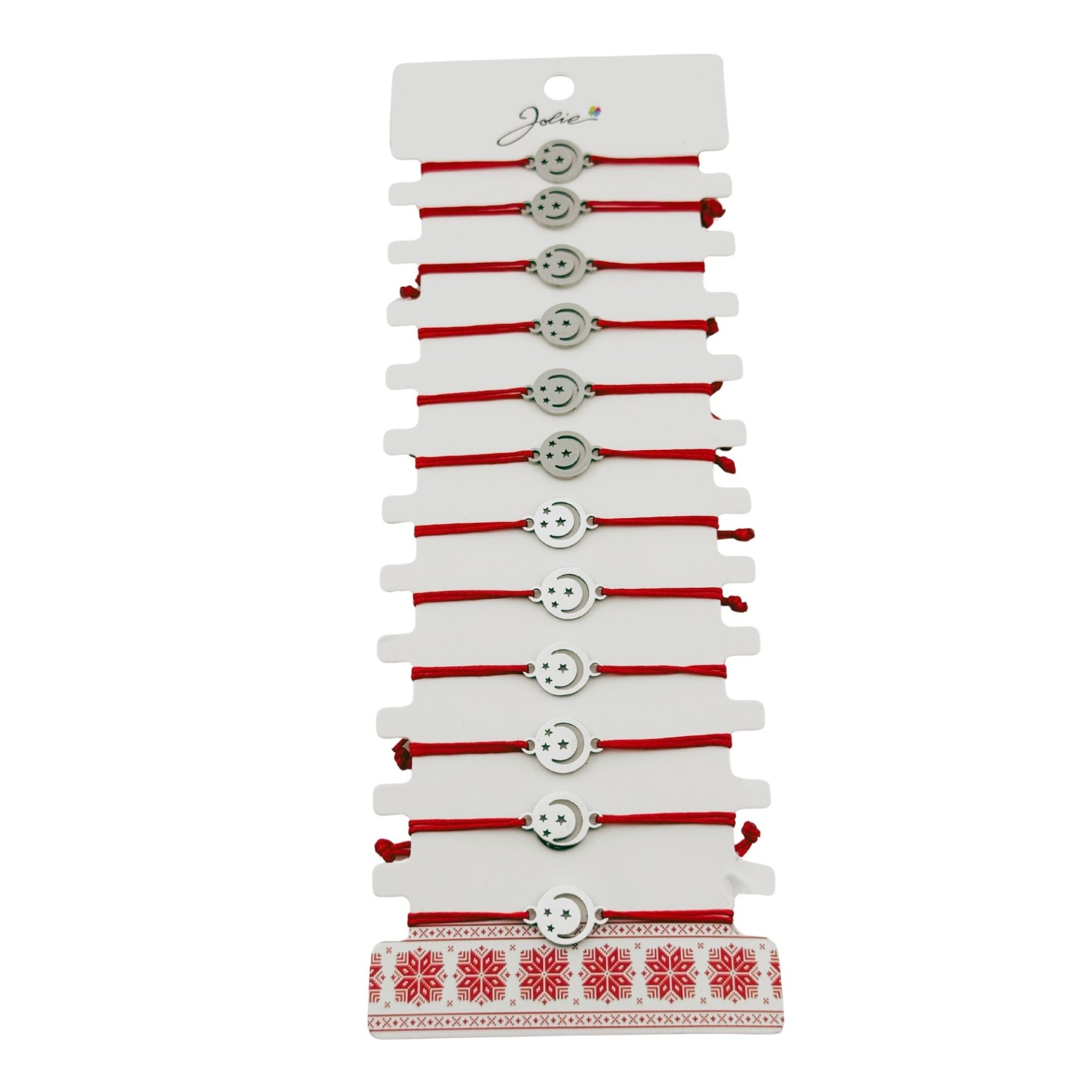 Martisoare diverse - Bratara Martisor pentru Dama, Jolie, Model Luna in Cerc, Set 12 bucati, Pandativ Argintiu din Inox cu Snur Rosu Ajustabil
