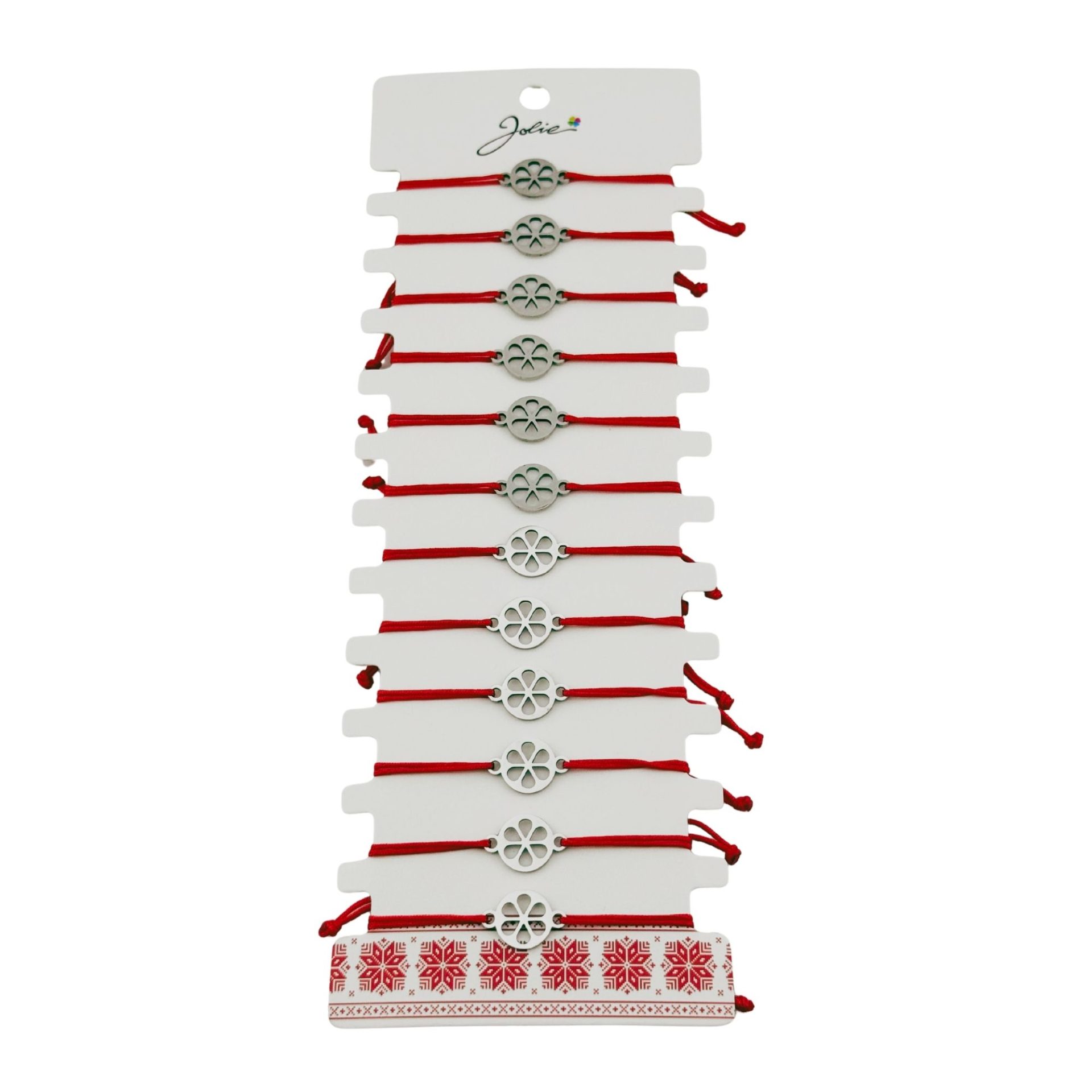 Martisoare diverse - Bratara Martisor pentru Dama, Jolie, Model Floare in Cerc, Set 12 bucati, Pandativ Argintiu din Inox cu Snur Rosu Ajustabil