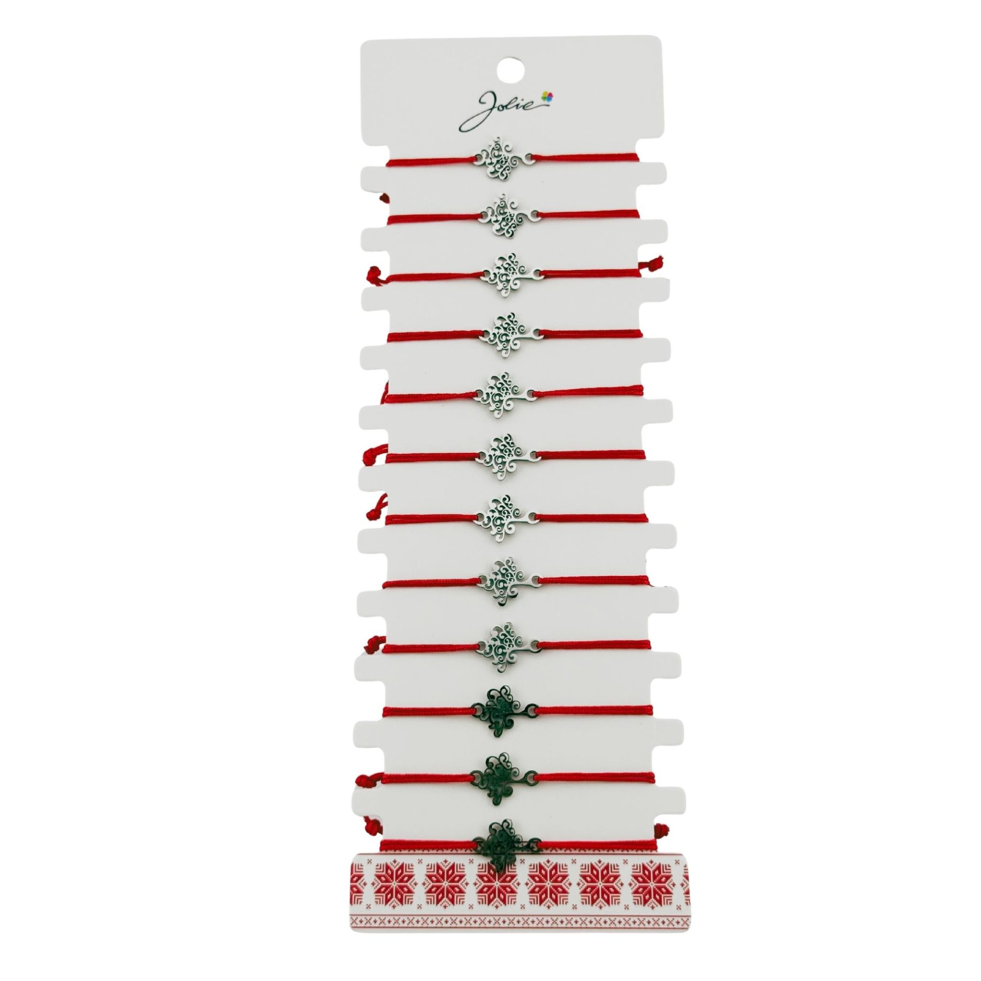 Martisoare diverse - Bratara Martisor pentru Dama, Jolie, Model Copacul Vietii, Set 12 bucati, Pandativ Argintiu din Inox cu Snur Rosu Ajustabil