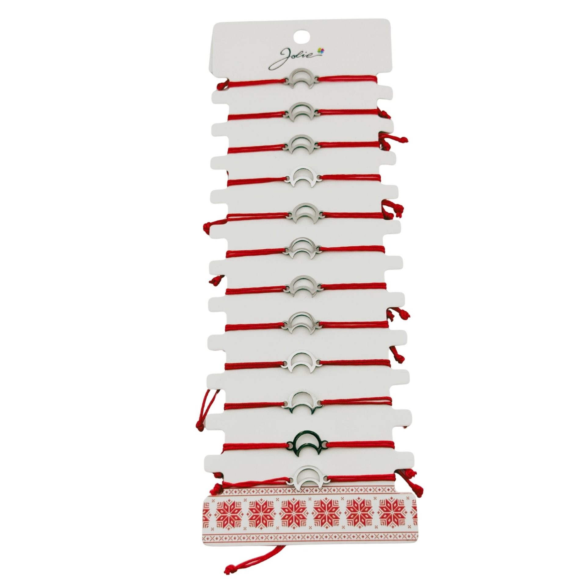 Martisoare diverse - Bratara Martisor pentru Dama, Jolie, Model Semiluna, Set 12 bucati, Pandativ Argintiu din Inox cu Snur Rosu Ajustabil