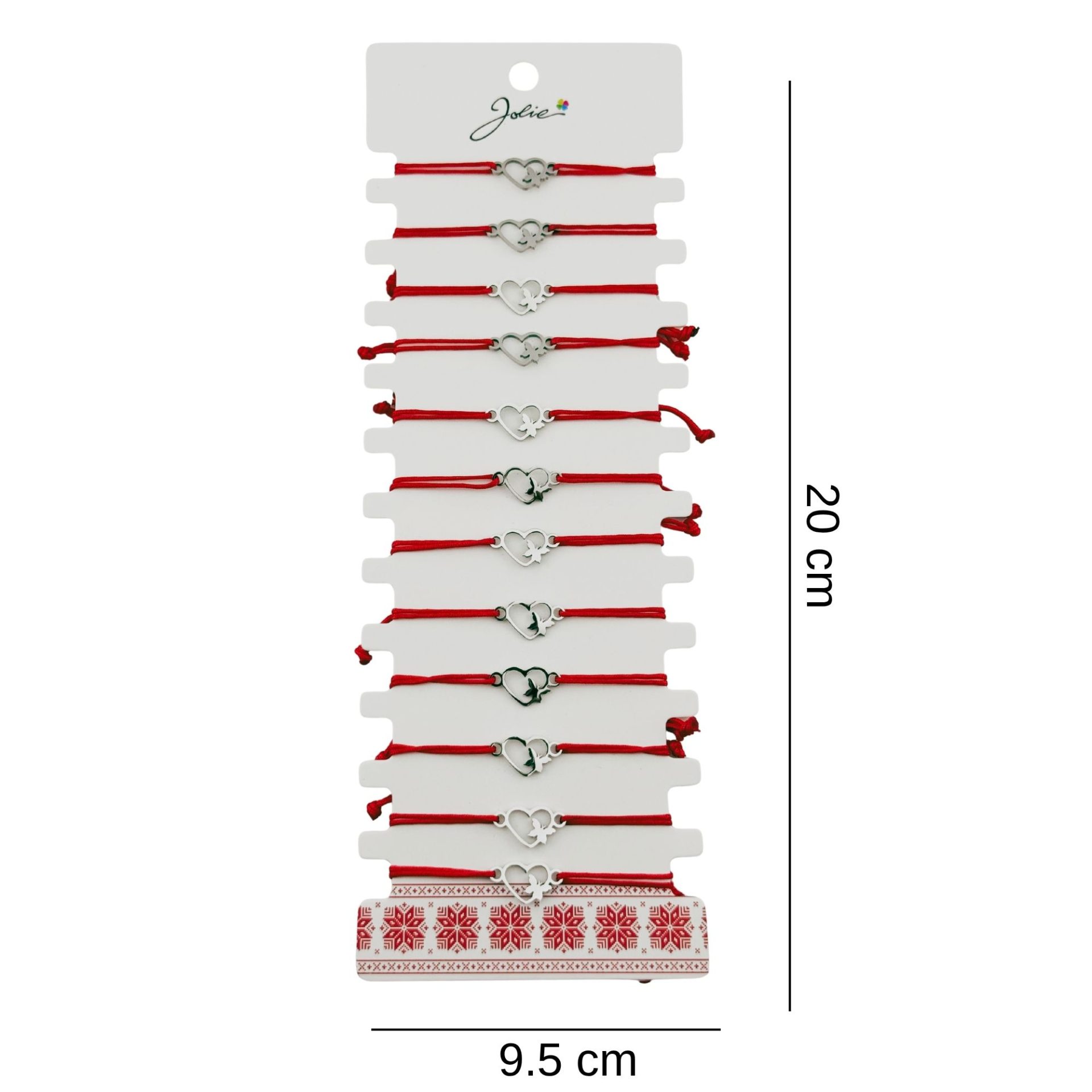 Bratara Martisor pentru Dama, Jolie, Model Inima cu Fluture, Set 12 bucati, Pandativ Argintiu din Inox cu Snur Rosu Ajustabil [1]
