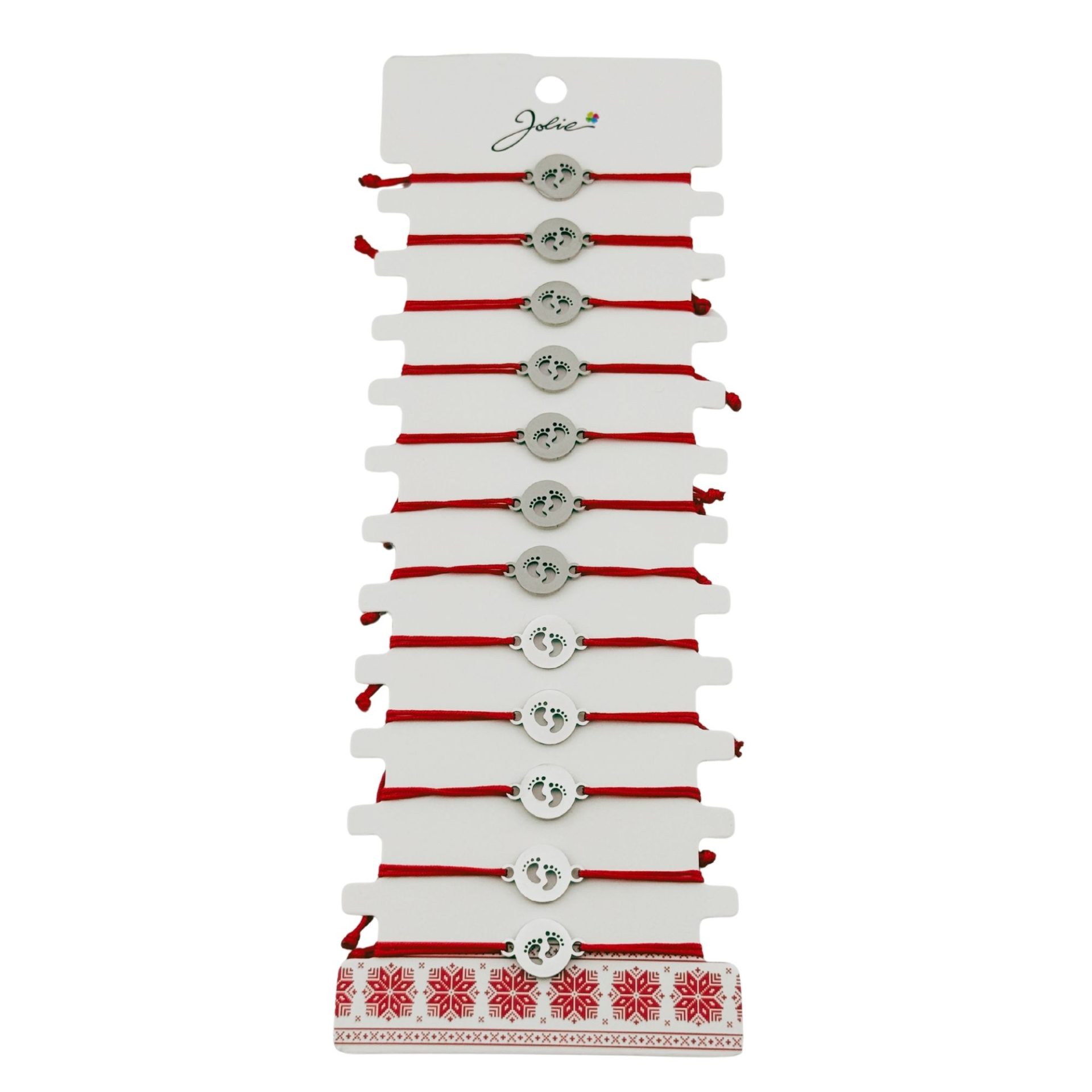 Martisoare diverse - Bratara Martisor pentru Dama, Jolie, Model Talpi in Cerc, Set 12 bucati, Pandativ Argintiu din Inox cu Snur Rosu Ajustabil