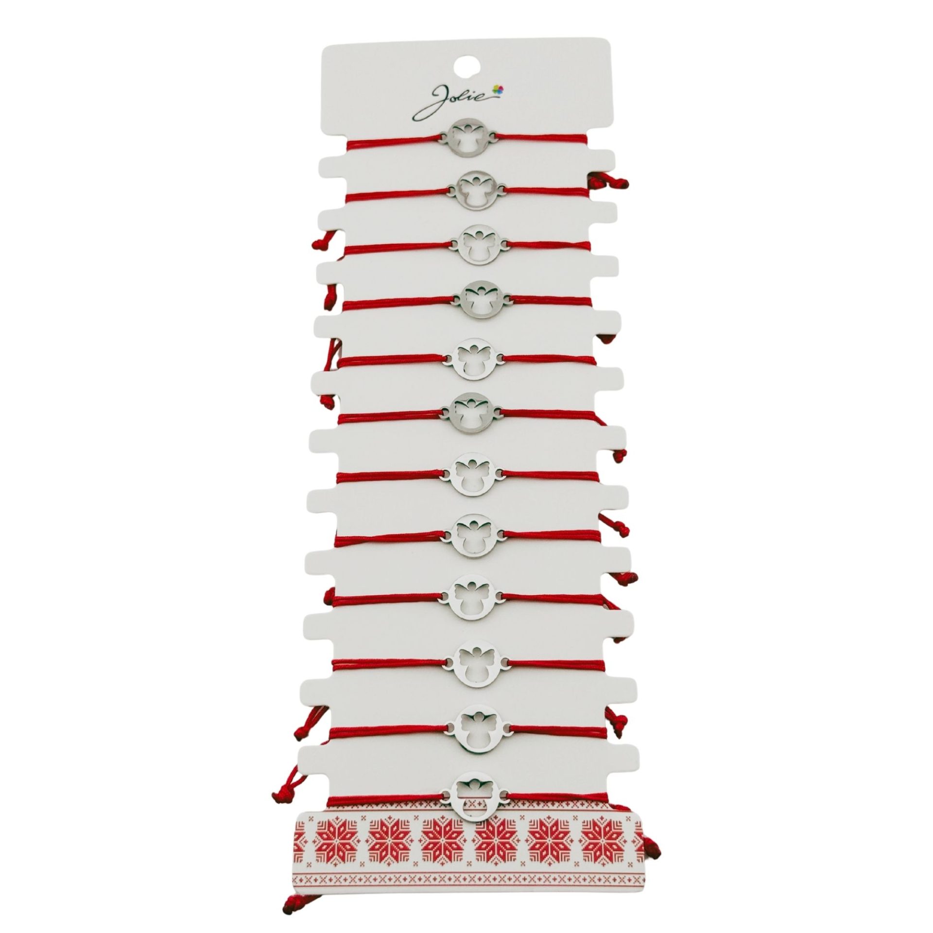 Martisoare diverse - Bratara Martisor pentru Dama, Jolie, Model Inger in Cerc, Set 12 bucati, Pandativ Argintiu din Inox cu Snur Rosu Ajustabil
