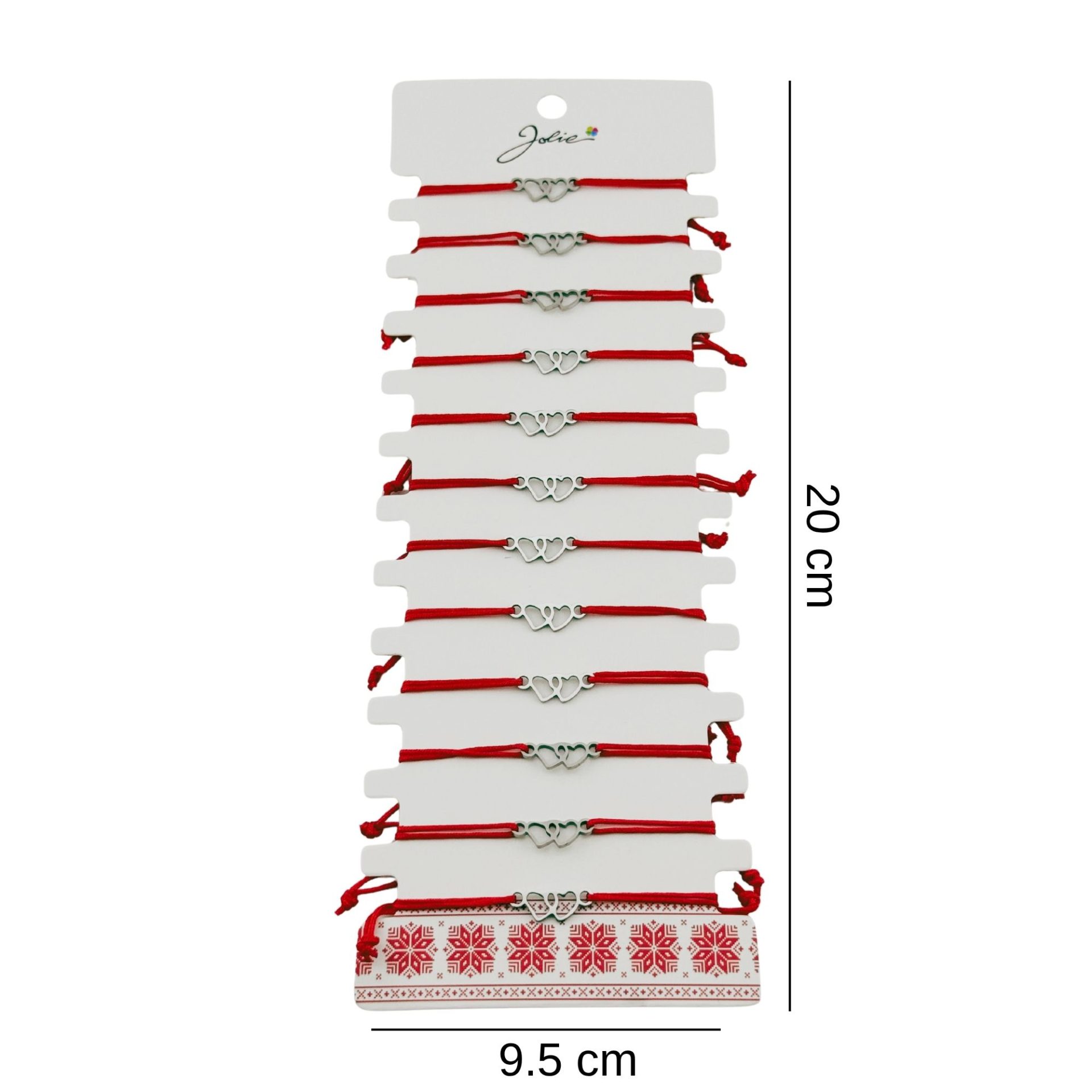 Bratara Martisor pentru Dama, Jolie, Model Doua Inimi, Set 12 bucati, Pandativ Argintiu din Inox cu Snur Rosu Ajustabil [1]
