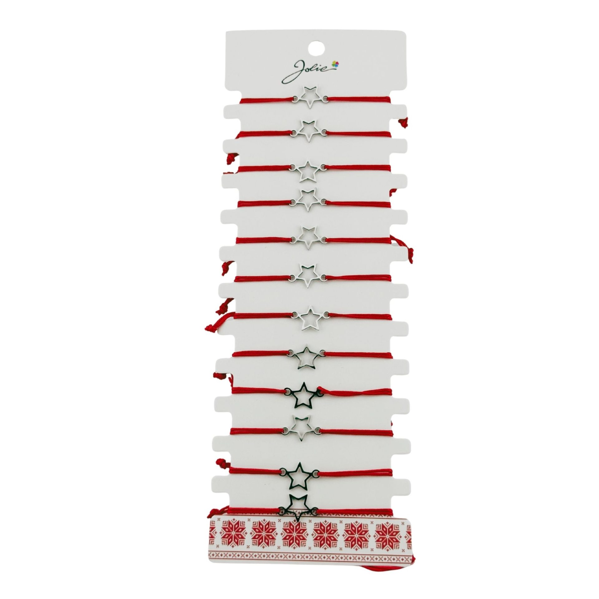 Martisoare diverse - Bratara Martisor pentru Dama, Jolie, Model Stea, Set 12 bucati, Pandativ Argintiu din Inox cu Snur Rosu Ajustabil