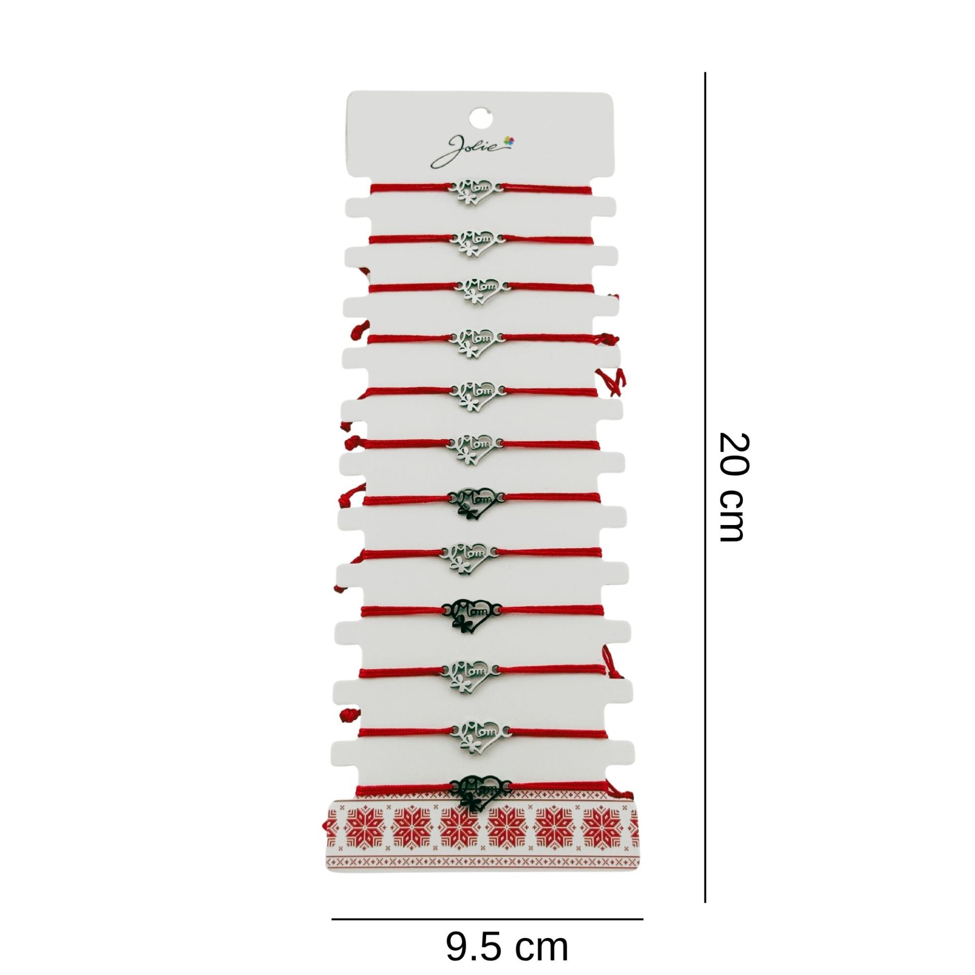 Bratara Martisor pentru Dama, Jolie, Model Inima cu Fluture, Set 12 bucati, Pandativ Argintiu din Inox cu Snur Rosu Ajustabil [1]